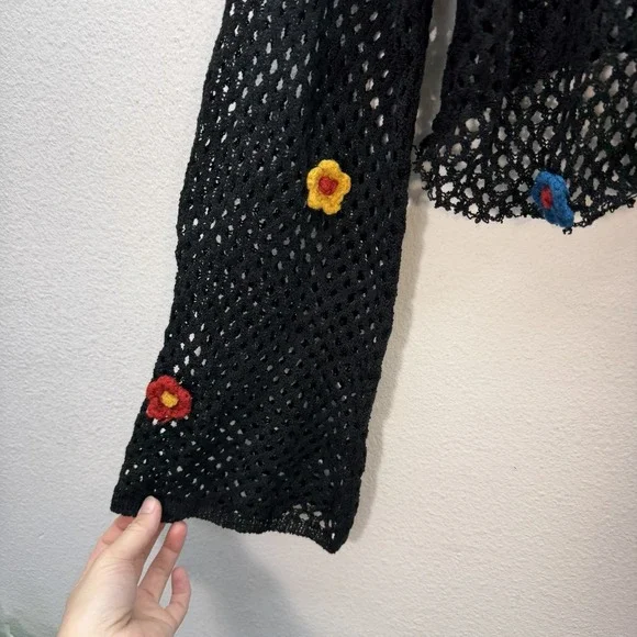 Cropped Sweater Womens M-L Floral Print Bell Sleeves Pullover Boho Beach Hippie - Picture 2 of 3